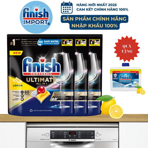 Combo 3 túi 60 viên Finish Ultimate All in 1 2024 hương chanh, 16 tính năng cao cấp, phù hợp máy 13-15 bộ